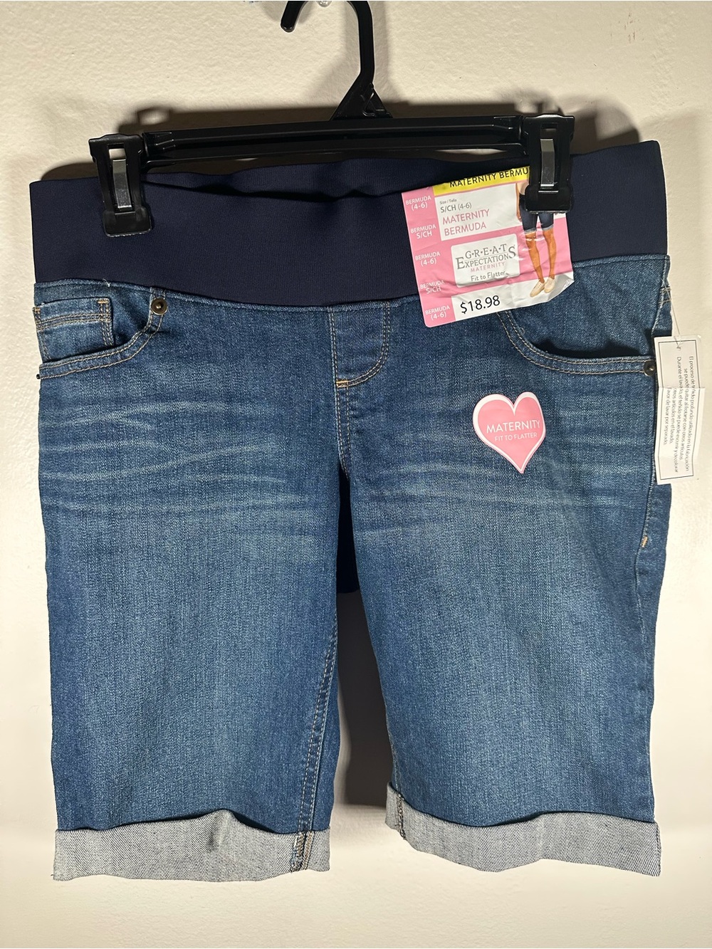 Great Expectations Maternity Denim Bermuda Shorts S 4-6 Blue Rolled Cuff